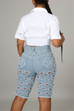 Baby Blue Fashion Sexy Solid Ripped High Waist Regular Jeans
