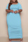 Light Blue Casual Solid Split Joint Fold U Neck Straight Plus Size Dresses