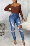 Blue Fashion Casual Solid Ripped High Waist Regular Jeans