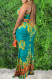 Green Fashion Sexy Plus Size Print Backless Halter Long Dress