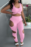 Pink Fashion Sexy Solid Hollowed Out U Neck Sleeveless Two Pieces