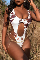 Brown Fashion Sexy Print Hollowed Out Swimwears (Without Waist Chain)