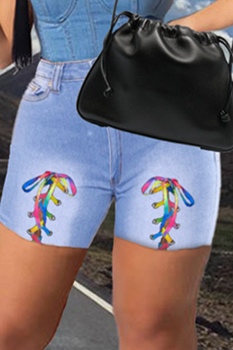 Blue Casual Patchwork Draw String Mid Waist Skinny Denim Shorts