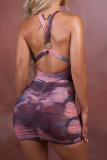 Purple Sexy Print Hollowed Out Halter Pencil Skirt Dresses