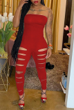 Red Sexy Solid Hollowed Out Strapless Skinny Jumpsuits