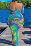 Rainbow Color Sexy Patchwork Tie-dye O Neck Pencil Skirt Plus Size Dresses