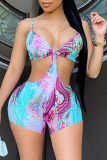 Sky Blue Sexy Print Hollowed Out Spaghetti Strap Skinny Jumpsuits