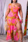 Pink Sweet Print Split Joint Flounce Asymmetrical Asymmetrical Collar Irregular Dress Plus Size Dresses