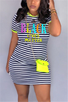 Green Fashion Striped Letter Printed Short Sleeve Dress