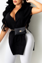 Black Casual Solid Patchwork Turndown Collar Tops