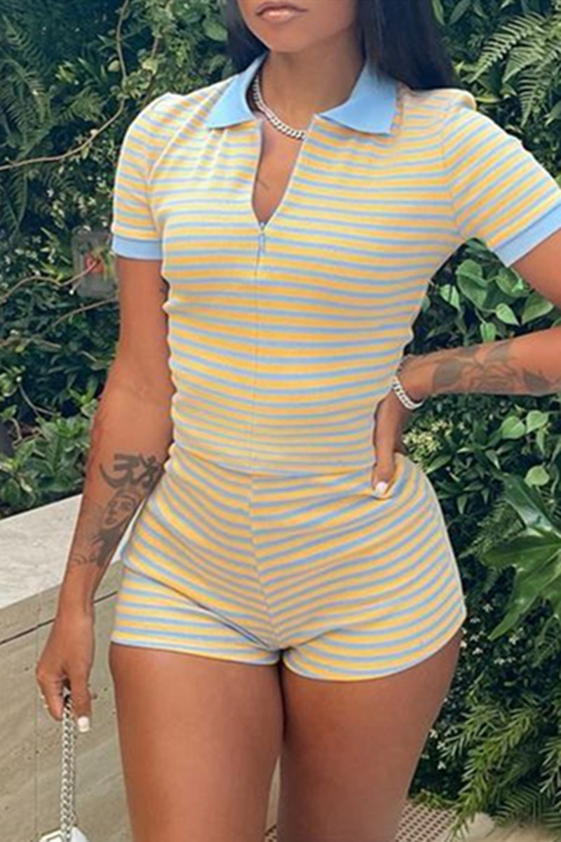 

Yellow Blue Fashion Casual Striped Print Basic Zipper Collar Regular Romper