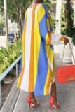 Yellow Fashion Casual Striped Print Asymmetrical O Neck Long Sleeve Dresses