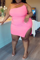 Pink Fashion Sexy Plus Size Solid Backless Slit One Shoulder Sleeveless Dress