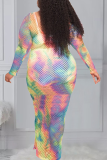 Rainbow Color Sexy Patchwork Tie-dye O Neck Pencil Skirt Plus Size Dresses