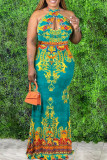 Green Fashion Sexy Plus Size Print Backless Halter Long Dress