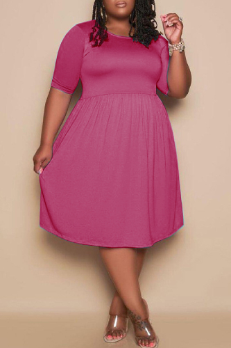Rose Red Fashion Casual Plus Size Solid Basic O Neck Short Sleeve Dress (No Pocket)