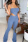 Light Blue Sexy Solid Split Joint Asymmetrical Spaghetti Strap Sleeveless Two Pieces