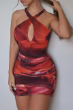 Red Sexy Print Hollowed Out Halter Pencil Skirt Dresses