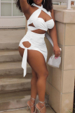 White Fashion Sexy Solid Hollowed Out Halter Sleeveless Two Pieces