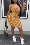 Yellow Fashion Sexy Striped Print Backless V Neck Vest Dress