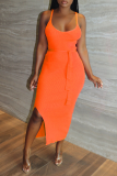 Tangerine Red Sexy Solid Patchwork Spaghetti Strap Pencil Skirt Dresses