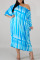 Sky Blue Casual Print Split Joint Off the Shoulder Straight Plus Size Dresses