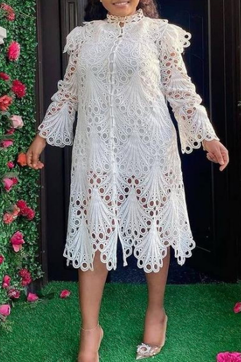 

White Fashion Hollowed Out Patchwork See-through Mandarin Collar Long Sleeve Dresses