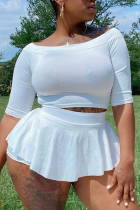 White Casual Solid Split Joint O Neck A Line Plus Size Two Pieces