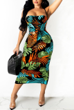 Turquoise Sexy Print Patchwork Spaghetti Strap Pencil Skirt Dresses