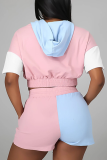 Blue Pink Casual Color Block Patchwork Hooded Collar Short Sleeve Two Pieces