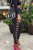Black Sexy Solid Patchwork Skinny Mid Waist Pencil Solid Color Bottoms