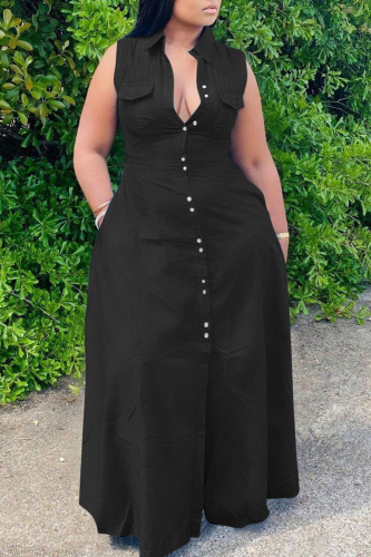 Black Casual Solid Patchwork Pocket Turndown Collar A Line Plus Size Dresses