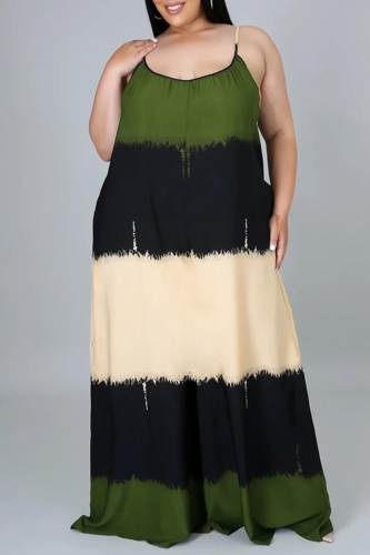 Army Green Fashion Casual Print Backless Spaghetti Strap Plus Size Jumpsuits