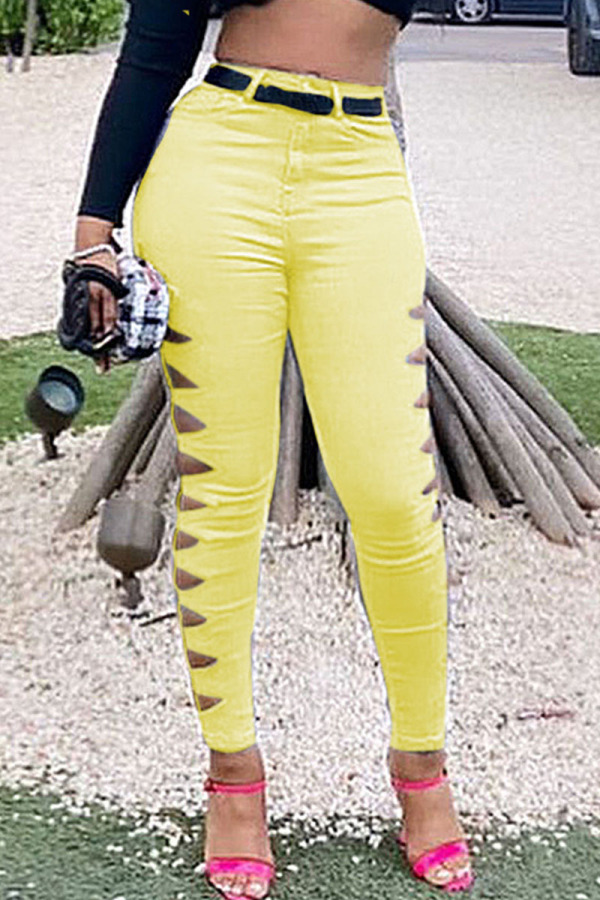 Yellow Sexy Solid Patchwork Skinny Mid Waist Pencil Solid Color Bottoms
