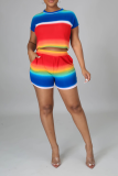 Rainbow Color Casual Striped Patchwork O Neck Short Sleeve Two Pieces