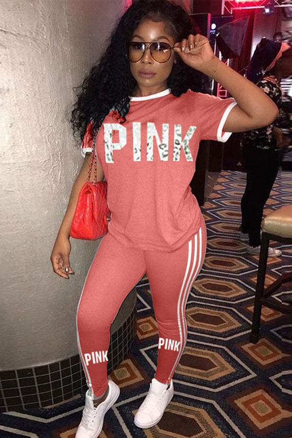 

Pink Short Sleeve Mid Patchwork pencil Pants Two-piece suit