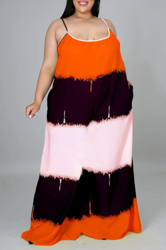 Orange Fashion Casual Print Backless Spaghetti Strap Plus Size Jumpsuits