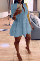 Sky Blue Fashion Casual Solid Turndown Collar Shirt Dress