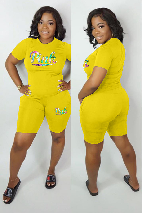 

Yellow adult Fashion Active Letter Two Piece Suits Patchwork Print pencil Short Sleeve Two-Piece