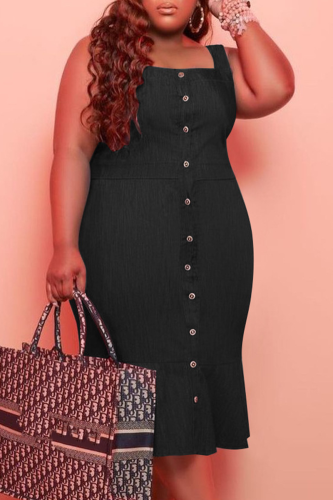 Black Casual Solid Patchwork O Neck Trumpet Mermaid Plus Size Dresses