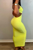Yellow Sexy Solid Hollowed Out Patchwork O Neck Pencil Skirt Dresses