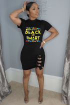 Black Fashion OL adult Cap Sleeve Short Sleeves O neck Step Skirt Mini Letter Bowknot Patchwork