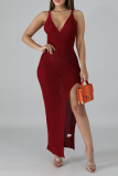 Red Sexy Solid Patchwork Spaghetti Strap Irregular Dress Dresses
