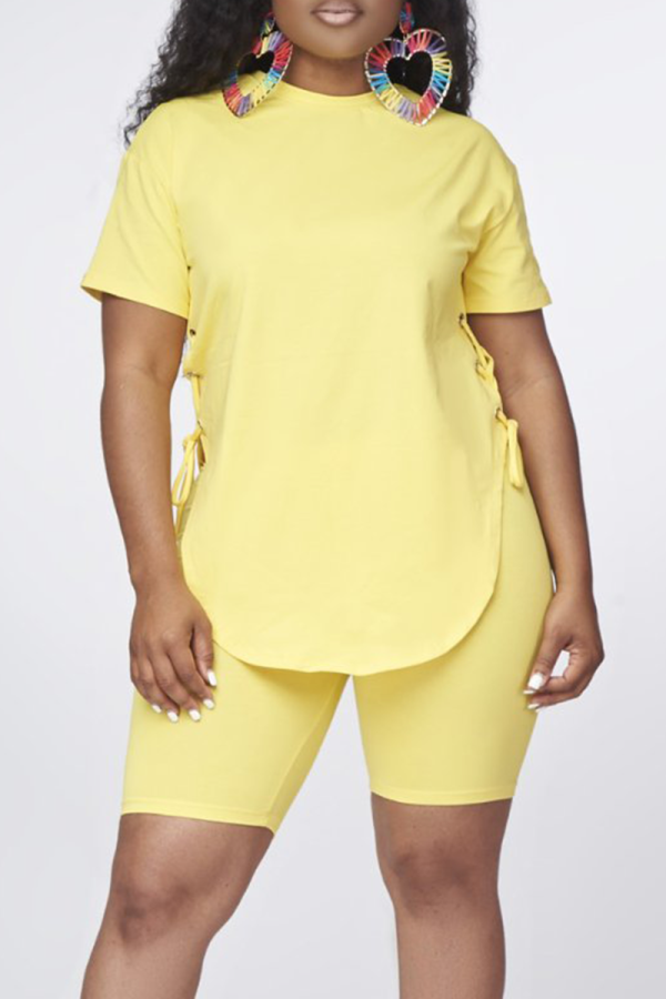 Yellow Casual Solid Draw String O Neck Short Sleeve Two Pieces