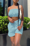 Blue Sexy Casual Solid Backless Strapless Sleeveless Two Pieces