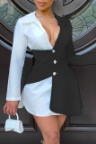 Black White Fashion Casual Patchwork Basic Turndown Collar Shirt Dress