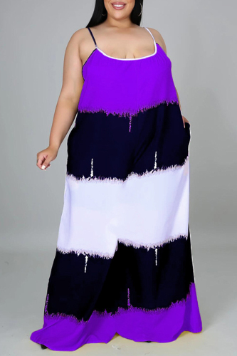 Purple Fashion Casual Print Backless Spaghetti Strap Plus Size Jumpsuits