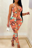 Orange Casual Print Hollowed Out Split Joint Backless Halter Skinny Jumpsuits