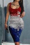 Blue Red Casual American Flag Stars Print U Neck Sleeveless Pencil Skirt Wrap Midi Dress