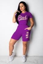 purple Sexy Fashion Patchwork Print Short Sleeve O Neck 